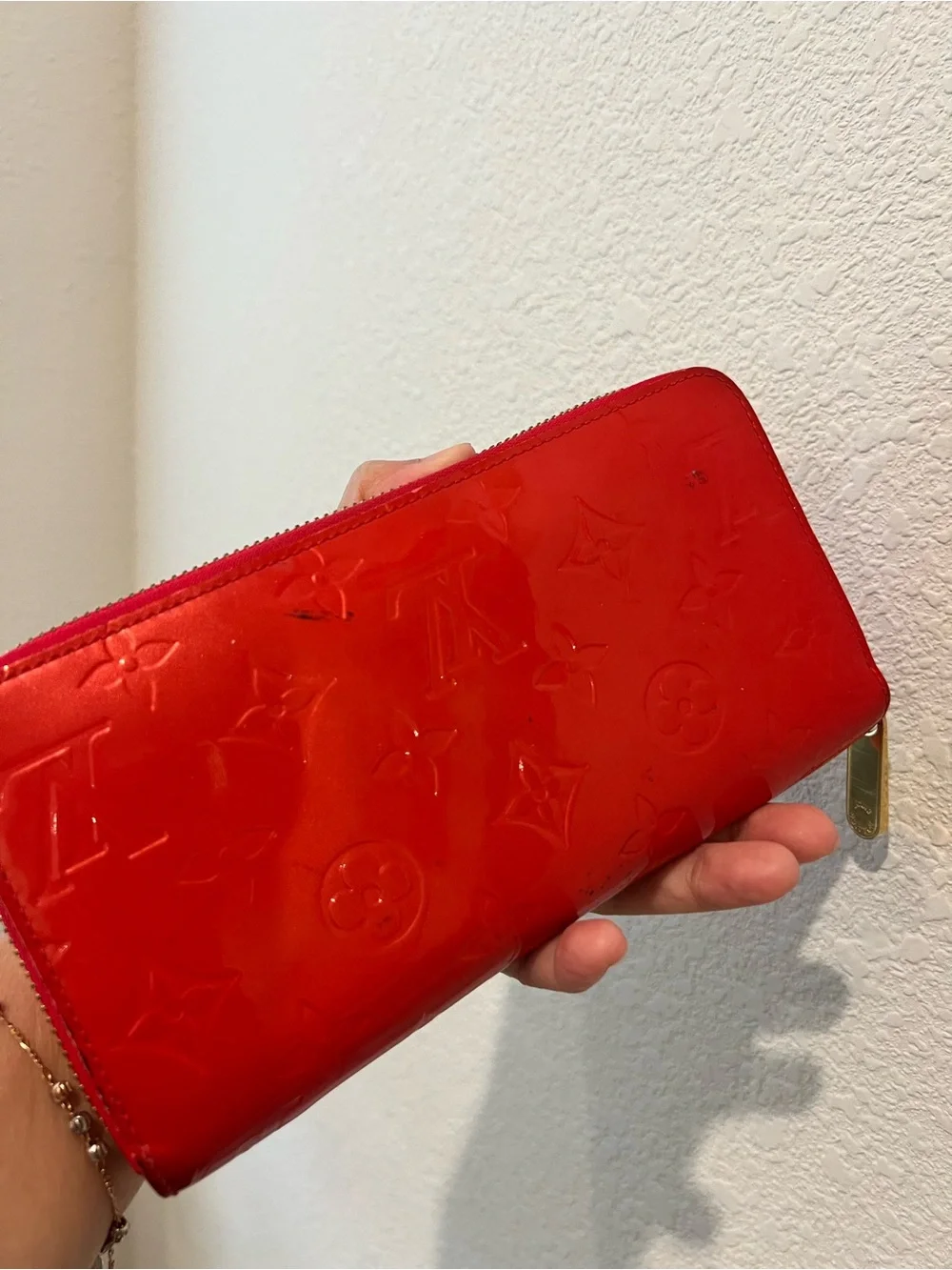 Louis Vuitton Red Vernis Embossed Zip Wallet with Gold Hardware
